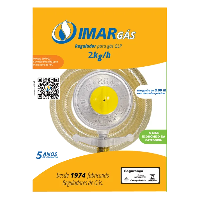 Regulador de pressão para gás com capacidade nominal de 2kg/h com mangueira de 0,80cm