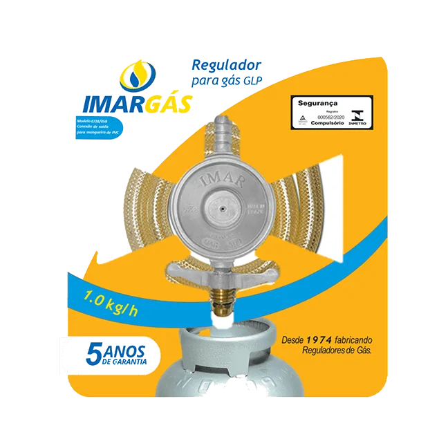 Regulador para gás GLP com vazão de 1kg/h com mangueira PVC de 1,25 m