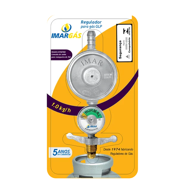 Regulador para gás GLP com vazão de 1kg/h e manômetro para mangueira PVC