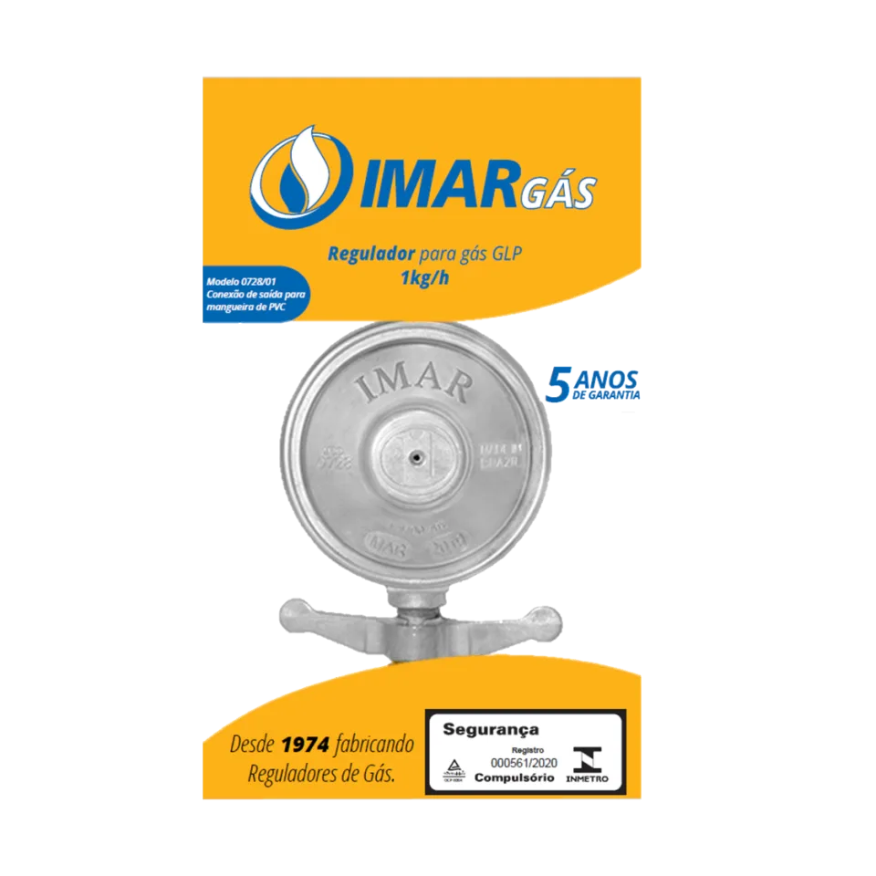 Regulador para gás GLP com vazão de 1kg/h para mangueira PVC