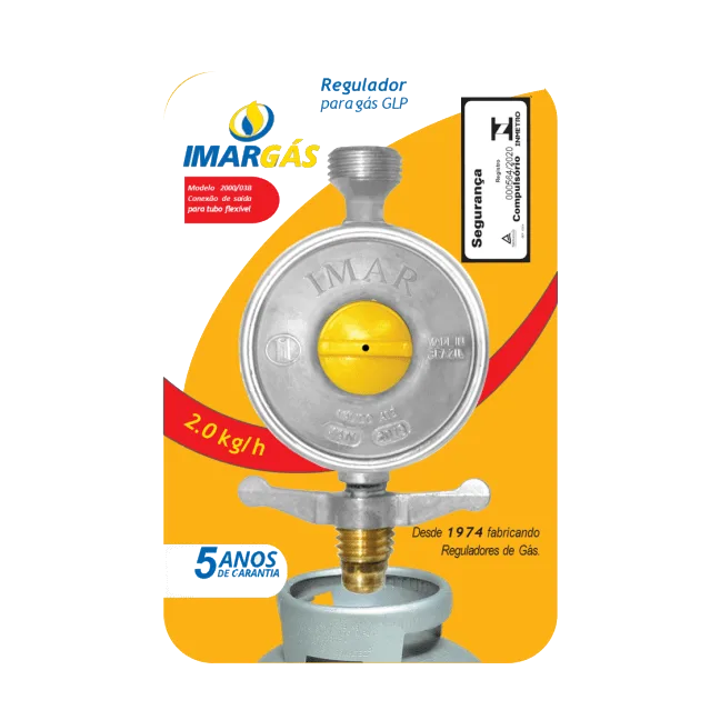 Regulador para gás GLP com vazão de 2kg/h para tubo flexível